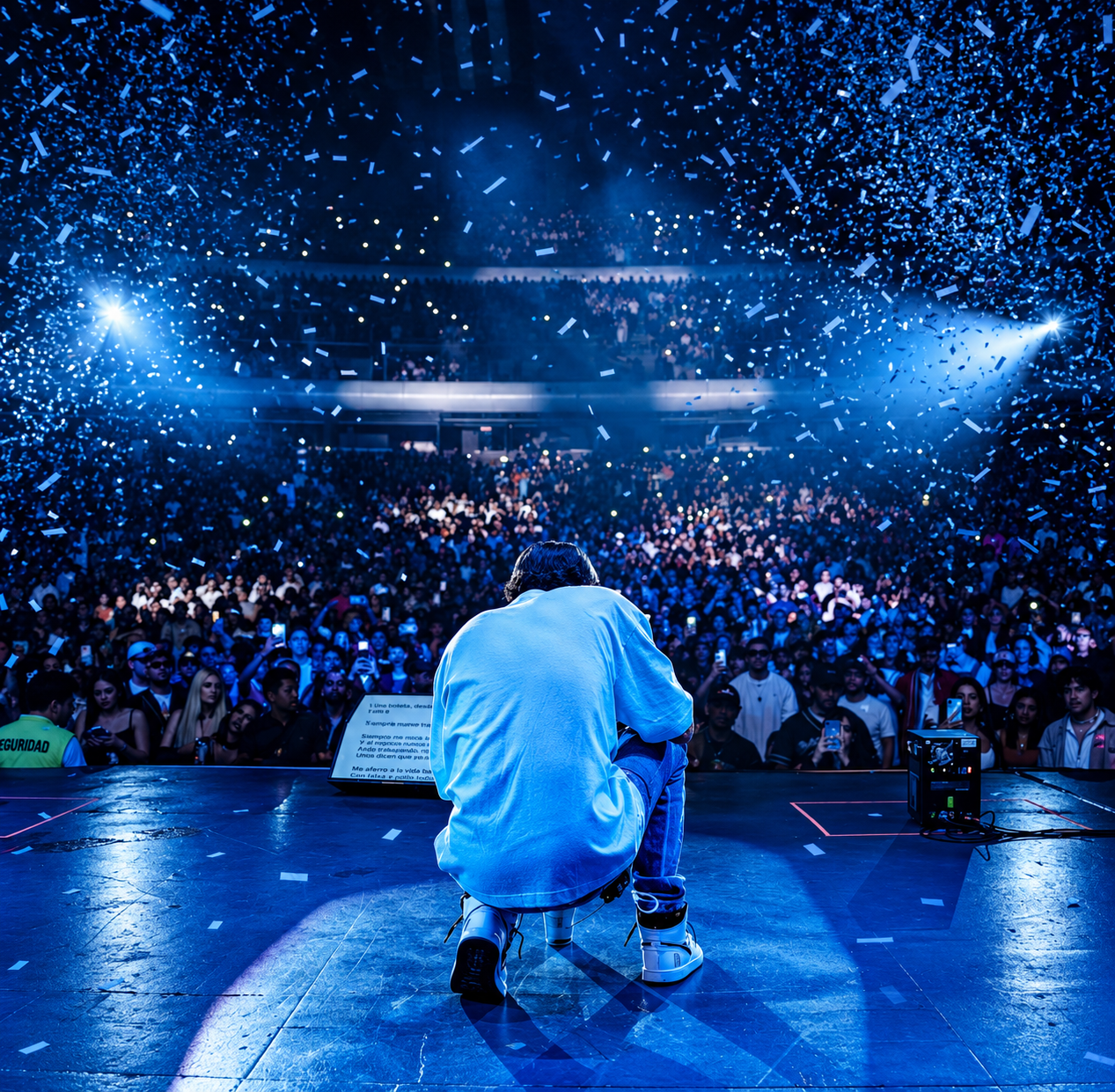 Lluvia de confeti azul sobre la multitud de Session 002